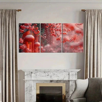 3pcs Red Festive Plum Blossoms Chinese Wall Art Set Canvas Framed 40x60cm - High Quality Print 100% Australian Made Wall Canvas Ready to Hang