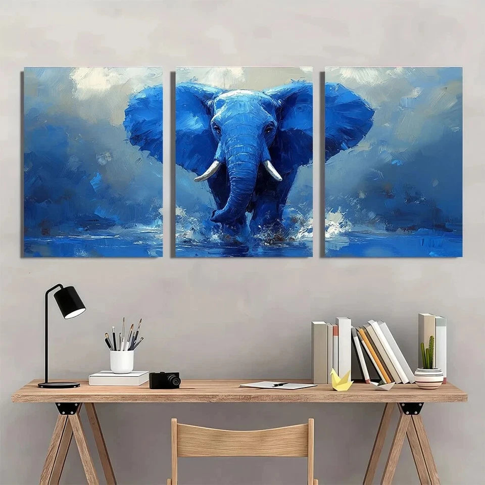 3pcs Blue Elephant Animal Modern Metal Print Ready to Hang Art