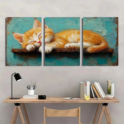 3pcs Orange Kitten Stretching Animal Perfect Wall Art Set Canvas Framed 40x60cm - High Quality Print 100% Australian Made Wall Canvas Ready to Hang