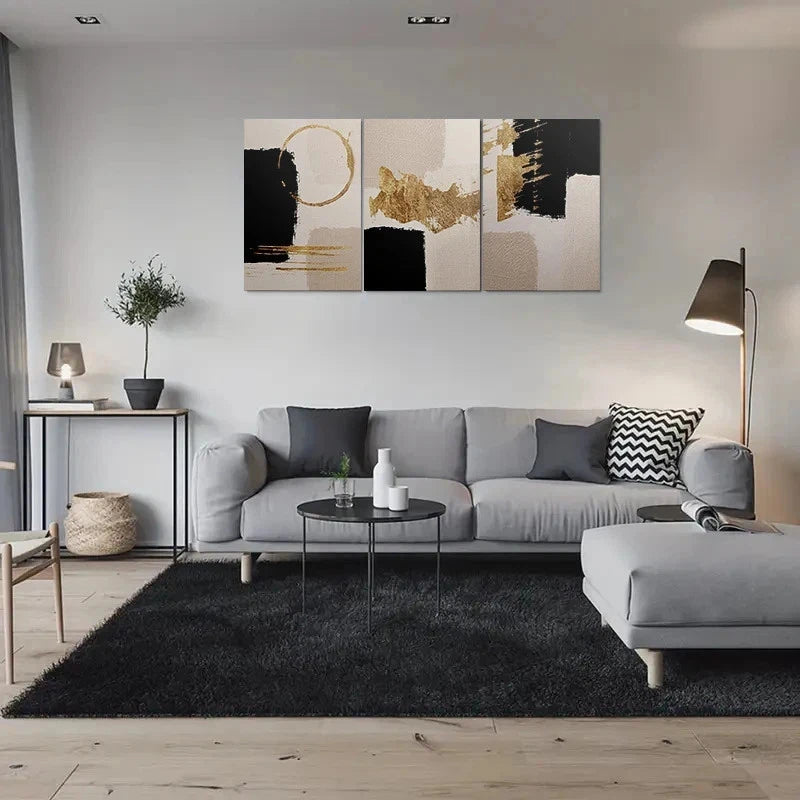 3pcs Golden Black Beige Abstract Metal Print Ready to Hang Art