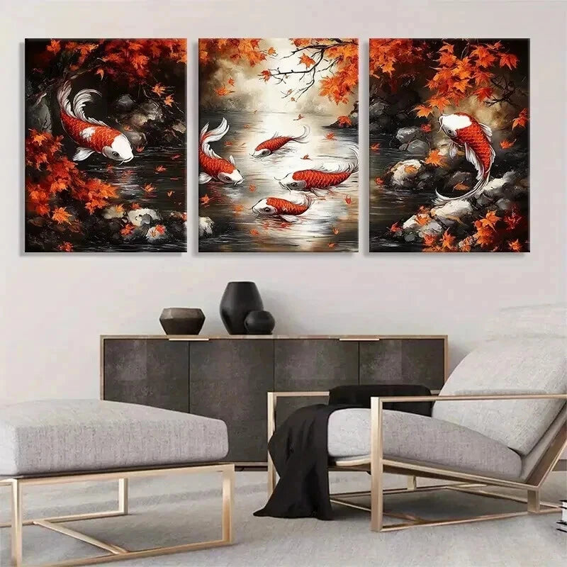 3pcs Japanese Koi Fish Japanese Koi Fish Perfect Wall Art Set Canvas Framed 40x60cm - High Quality Print 100% Australian Made Wall Canvas Ready to Hang