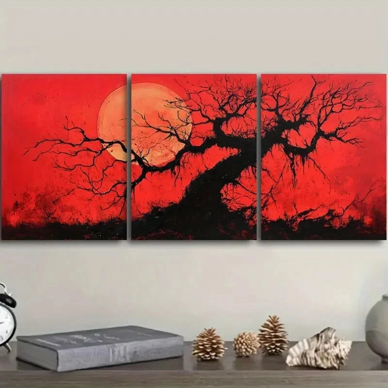 3pcs Red Sun Tree Luxury Nature Metal Print Ready to Hang Art