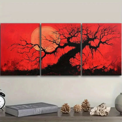 3pcs Red Sun Tree Luxury Nature Metal Print Ready to Hang Art