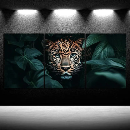 3pcs Leopard in Lush Green Leaves Metal Print Ready to Hang Art