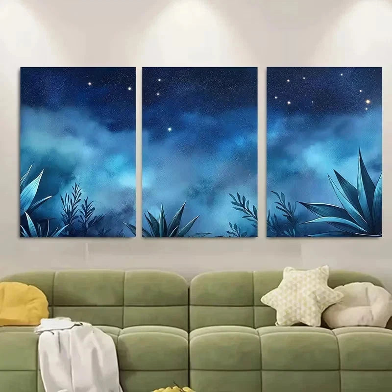 3pcs Agave Plants Under Starlit Sky Wall Art Set Canvas Framed 50x70cm - High Quality Print 100% Australian Made Wall Canvas Ready to Hang