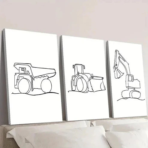 3pcs Road Roller Excavator & Dump Truck Wall Art Canvas Unframed - High Quality Print 100% Australian Made Wall Canvas