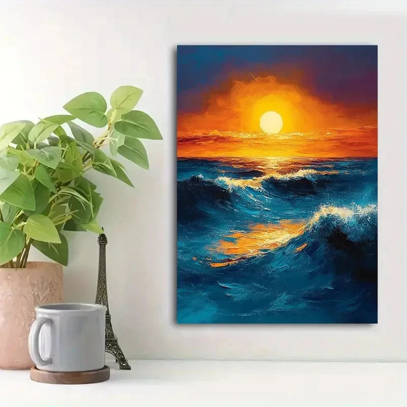 Beautiful Teal & Yellow Sunset Abstract Ocean Painting 40x60cm Metal Print Ready to Hang