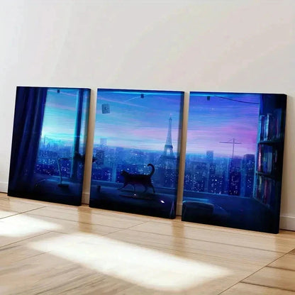 3pcs City Night Scene Tower & Cat Near Window Wall Art Set Canvas Framed 40x60cm - High Quality Print 100% Australian Made Wall Canvas Ready to Hang