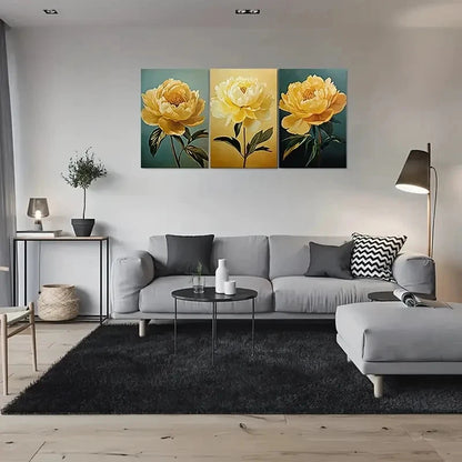 3pcs Golden Peony Florals Green Leaves Metal Print Ready to Hang Art