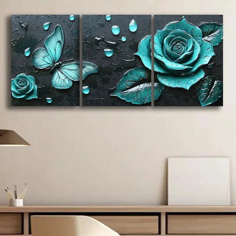 3pcs Teal Rose Light Green Butterfly Metal Print Ready to Hang Art