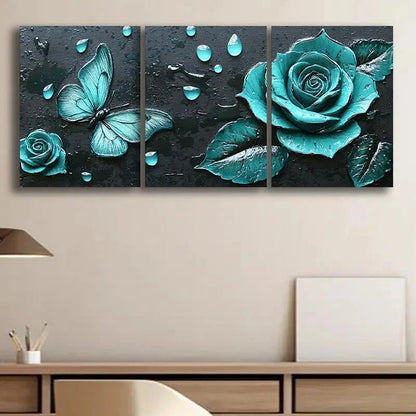 3pcs Teal Rose Light Green Butterfly Metal Print Ready to Hang Art