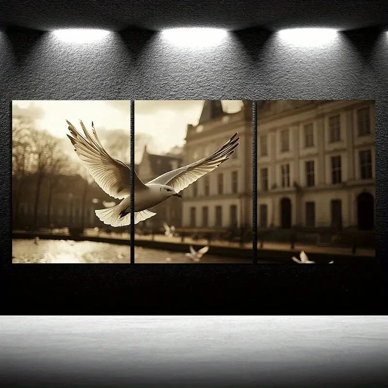 3pcs Pigeons on The Big Buildings Square Metal Print Ready to Hang Art