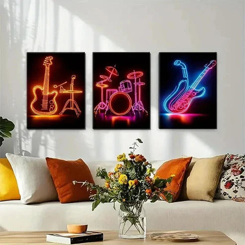 3pcs Neon Music Vibrant Musical Décor Wall Art Canvas Unframed - High Quality Print 100% Australian Made Wall Canvas