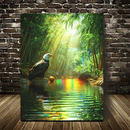 Beautiful Eagle Playing with Ball in Bamboo Grove 40x60cm Metal Print Ready to Hang