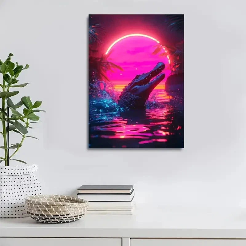 Vibrant Cyberpunk Crocodile Scene With Glow Painting 40x60cm Metal Print Ready to Hang