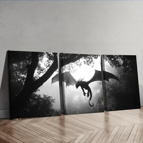 3pcs Dragons in the Sky Dark Fear Danger Wall Art Set Canvas Unframed - High Quality Print 100% Australian Made Wall Canvas