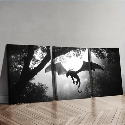 3pcs Dragons in the Sky Dark Fear Danger Wall Art Set Canvas Unframed - High Quality Print 100% Australian Made Wall Canvas
