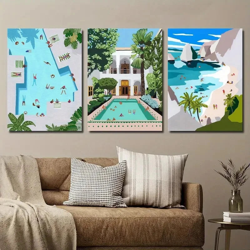 3pcs Vibrant Moroccan Swimming Pool Perfect Wall Art Set Canvas Framed 40x60cm - High Quality Print 100% Australian Made Wall Canvas Ready to Hang