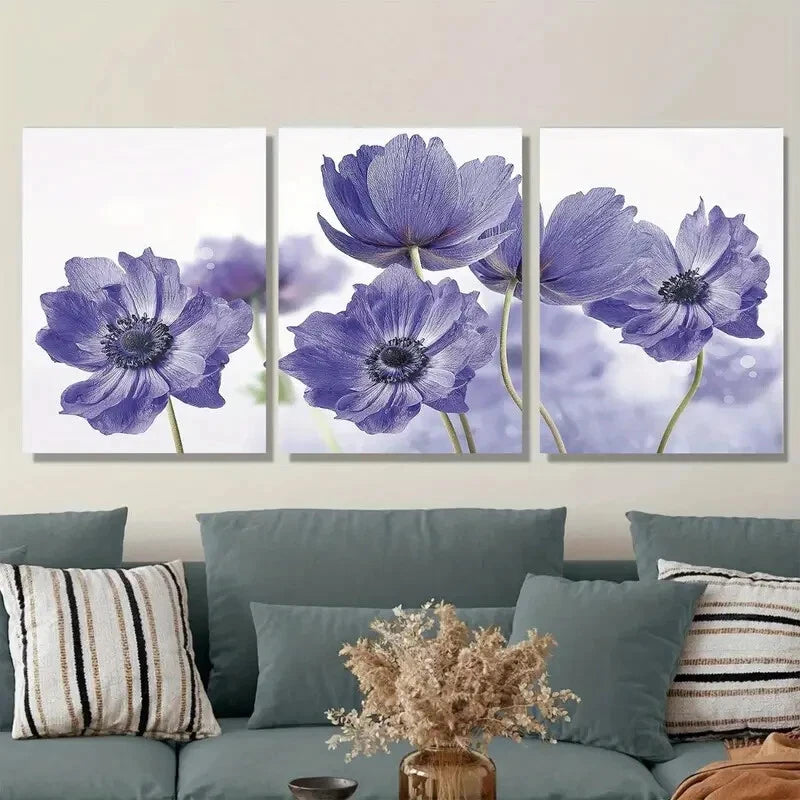 3pcs Panel Purple Flower Classic Floral Metal Print Ready to Hang Art