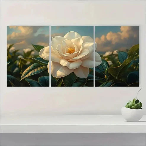 3pcs White Gardenia Flower Prints with Green L Wall Art Set Canvas Unframed - High Quality Print 100% Australian Made Wall Canvas - Bella Home Decor