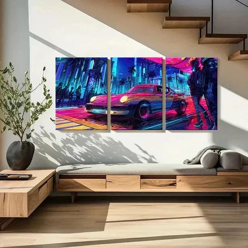 3pcs Vaporwave Aesthetic Sports Car Wall Art Canvas Unframed - High Quality Print 100% Australian Made Wall Canvas