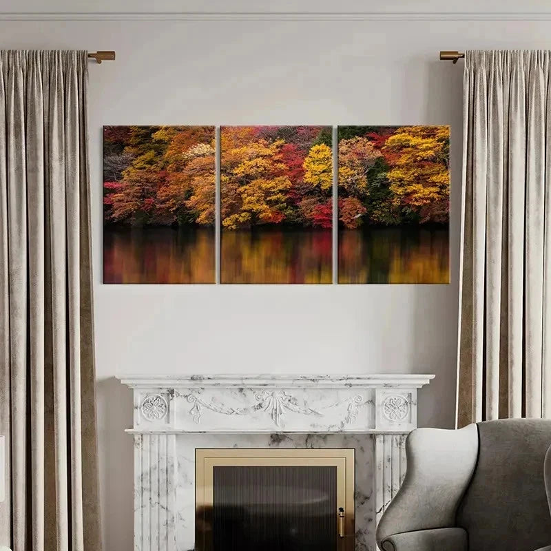 3pcs Red Yellow Trees On The Lake Bank Wall Art Set Canvas Framed 40x60cm - High Quality Print 100% Australian Made Wall Canvas Ready to Hang