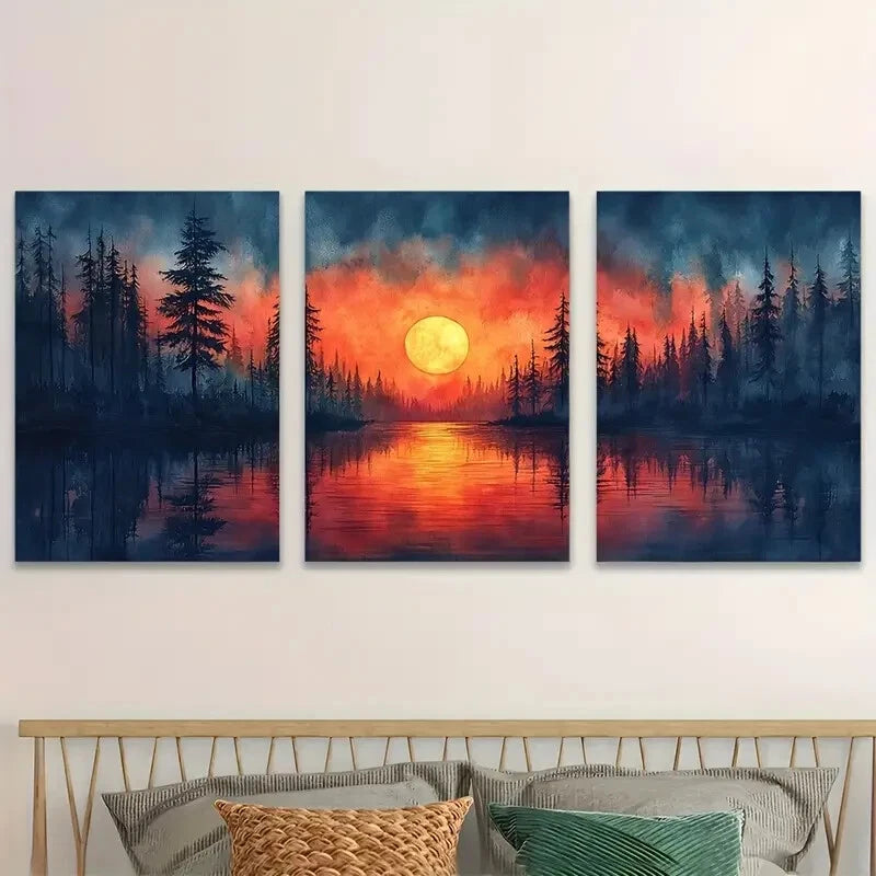 3pcs Vibrant Sunset Lake Sunset Décor Perfect Wall Art Set Canvas Framed 40x60cm - High Quality Print 100% Australian Made Wall Canvas Ready to Hang