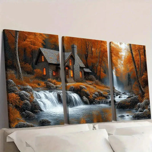 3pcs Cozy Cottage Stream with Waterfall Autumn Wall Art Set Canvas Framed 60x90cm - High Quality Print 100% Australian Made Wall Canvas Ready to Hang