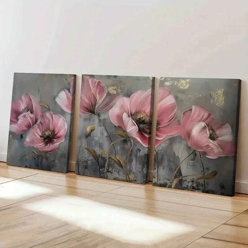 3pcs Abstract Pink Golden Flowers Vintage Wall Art Set Canvas Framed 40x60cm - High Quality Print 100% Australian Made Wall Canvas Ready to Hang