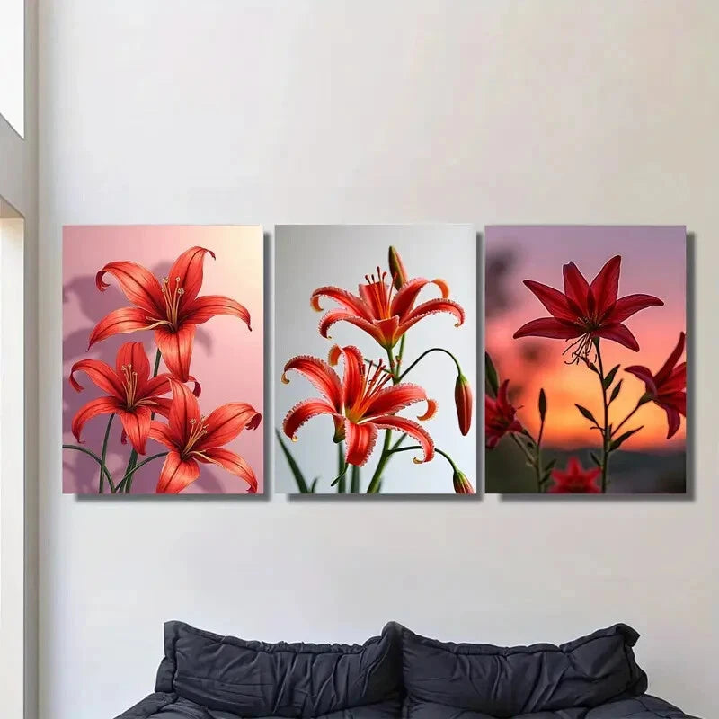 3pcs Red Lily Flower Triptych Vibrant Floral Metal Print Ready to Hang Art