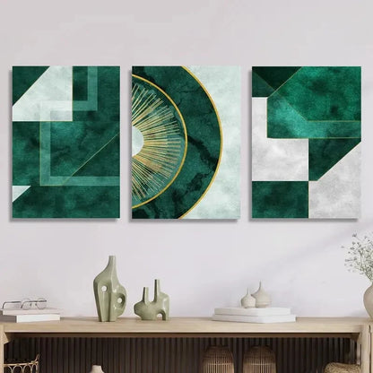 3pcs Emerald Green and Golden Metal Print Ready to Hang Art