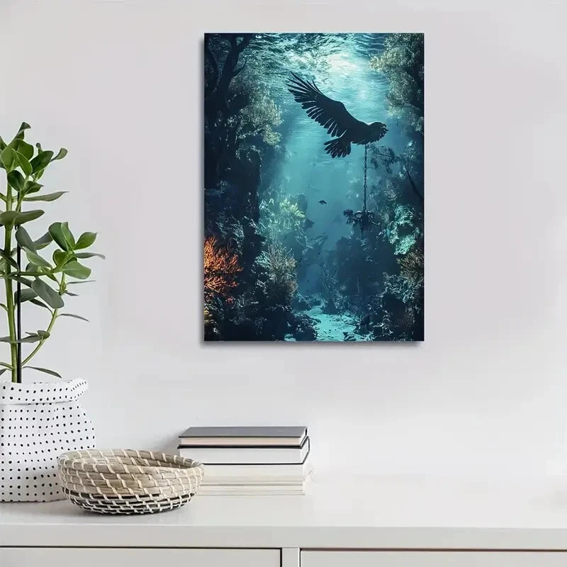 Steampunk Eagle Moonlit Coral Reef Scene Painting 40x60cm Metal Print Ready to Hang