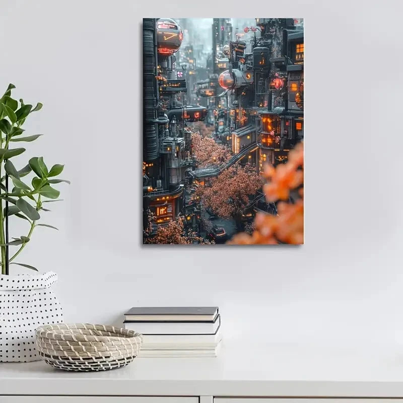 Beautiful Featuring a Cyberpunk Village Painting  40x60cm Metal Print Ready to Hang