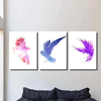 3pcs Colorful Pigeon & Crow Illustrations Wall Art Canvas Unframed - High Quality Print 100% Australian Made Wall Canvas
