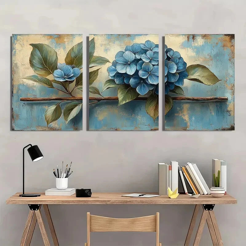 3pcs Vintage Rustic Hydrangea Floral Oil Painting Metal Print Ready to Hang Art