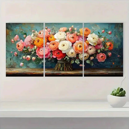 3pcs Vibrant Roses & Peonies in Blue Vase RP Wall Art Set Canvas Unframed - High Quality Print 100% Australian Made Wall Canvas