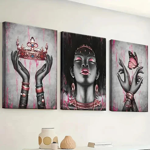 3pcs Pink Rose Golden Black Girl Décor Perfect Wall Art Canvas Unframed - High Quality Print 100% Australian Made Wall Canvas