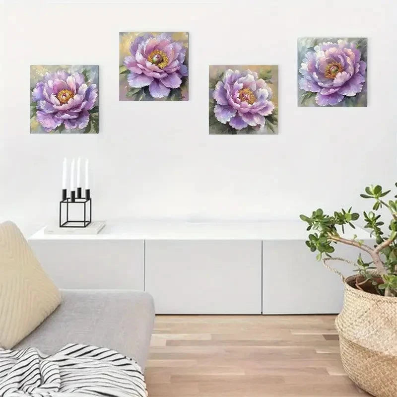 4pcs Vibrant Purple Peonies & Green Leaves Wall Art Canvas Framed