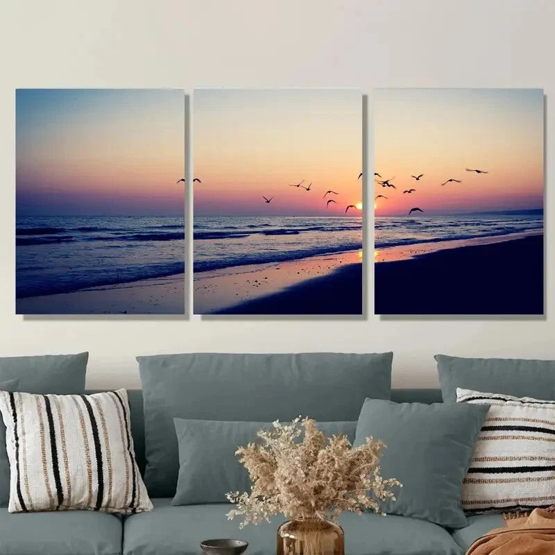 3pcs Beach Sunset Triptych Ocean & Birds Scene Metal Print Ready to Hang Art