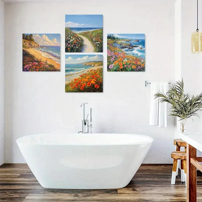4pcs Beach & Wildflower Canvas  Wall Art Canvas Framed