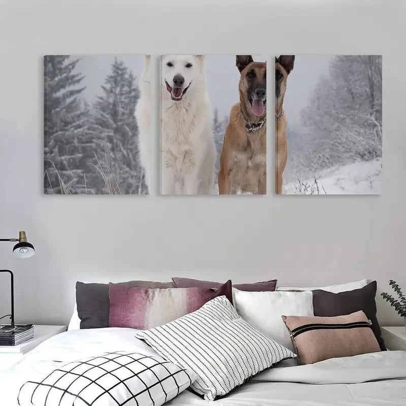 3pcs German Shepherd Dog in Winter Wall Art Set Canvas Framed 40x60cm - High Quality Print 100% Australian Made Wall Canvas Ready to Hang