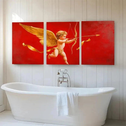 3pcs Cupid Angel Golden Winged Cherub Perfect Wall Art Set Canvas Framed 40x60cm - High Quality Print 100% Australian Made Wall Canvas Ready to Hang