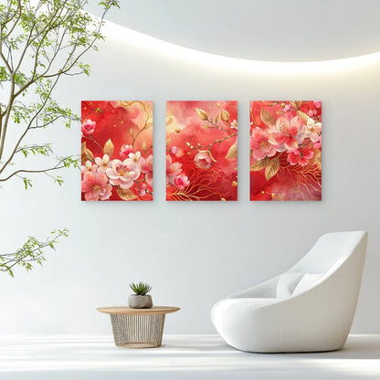 3pcs Golden Vines Among Soft Pink Blooms Wall Art Set Canvas Framed 40x60cm - High Quality Print 100% Australian Made Wall Canvas Ready to Hang