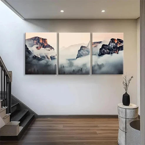 3pcs Foggy Scenic View Golden Mountain Wall Art Canvas Unframed - High Quality Print 100% Australian Made Wall Canvas