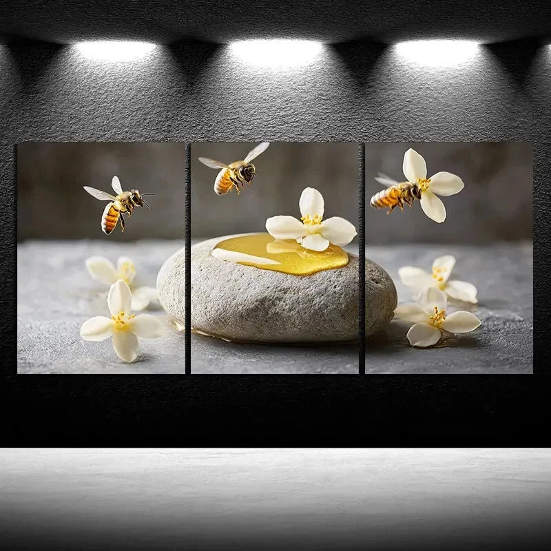 3pcs Bees on Osmanthus Painting Metal Print Ready to Hang Art