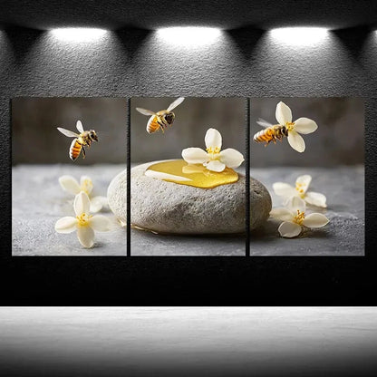 3pcs Bees on Osmanthus Painting Metal Print Ready to Hang Art