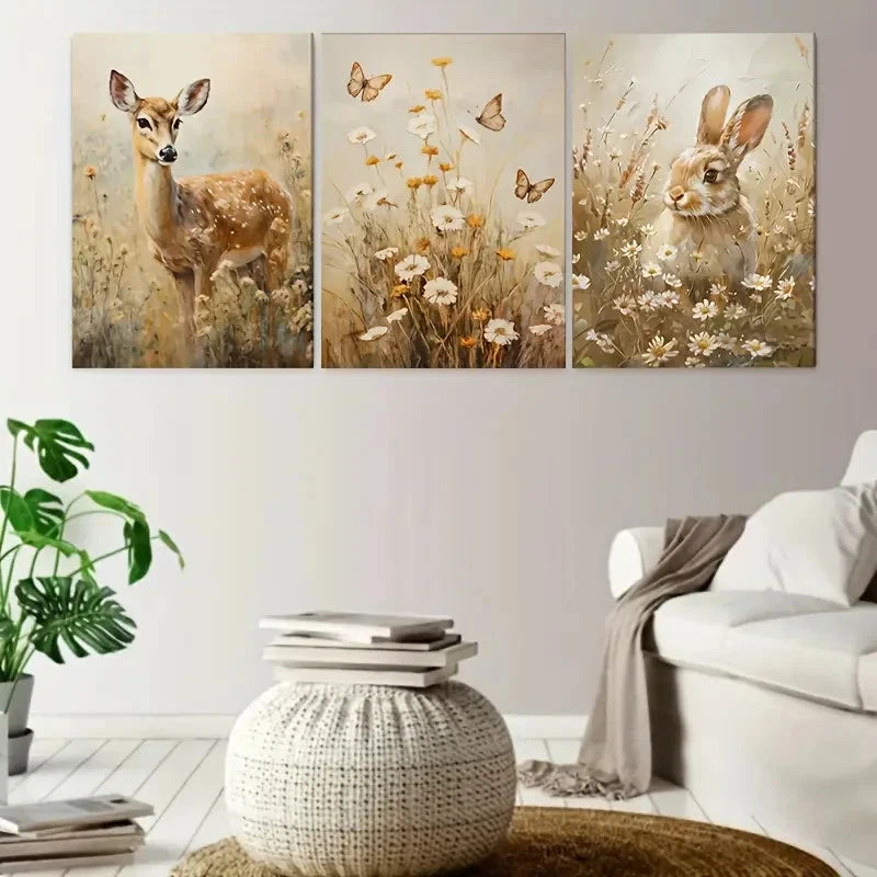 3pcs Rabbit Flower Butterfly Deer Painting Metal Print Ready to Hang Art