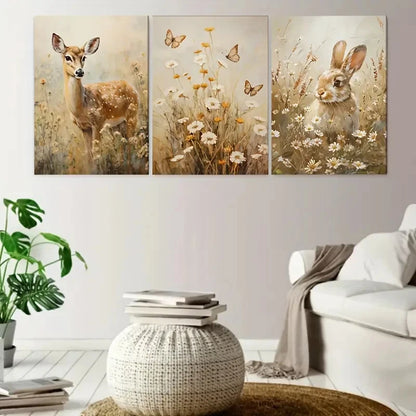 3pcs Rabbit Flower Butterfly Deer Painting Metal Print Ready to Hang Art