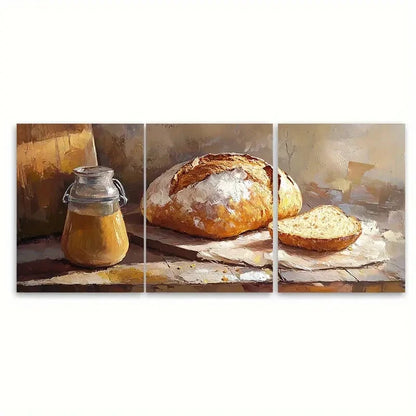 3pcs Sourdough Bread & Honey Jar Scene Metal Print Ready to Hang Art