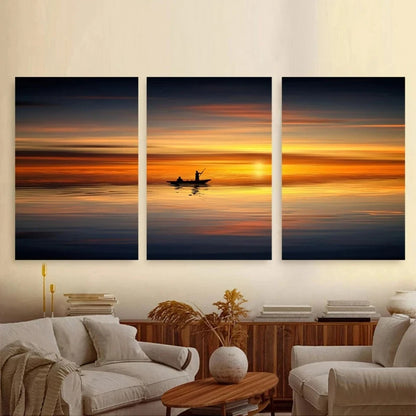 3pcs Sunset Seascape Ocean Silhouette Boat Metal Print Ready to Hang Art